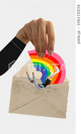 Contemporary art collage. Female hand puting colorful rainbow and man to envelop against white background. LGBTQ support. Human rights. 106210838