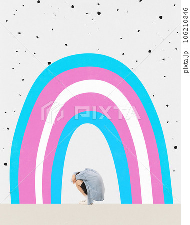 Contemporary art collage. Young upset man sitting with his hand on head under rainbow of blue, pink, white and colors. 106210846