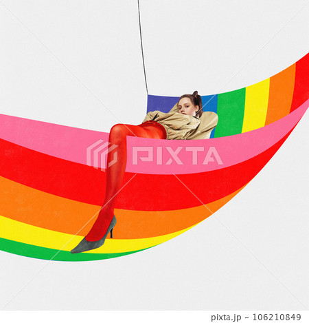 Contemporary art collage. Young woman dressed trendy lying in colorful rainbow hammock. LGBTQ support. Human rights, freedom Contemporary art collage. Young woman dressed trendy lying in colorful rainbow hammock. LGBTQ support. Human rights, freedom 106210849