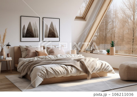 Modern style bedroom interior warm and cozy with wooden decoration, Cozy beige tone stylish, furniture, comfortable bed, Minimal decor design background, with Generative Ai. 106211036