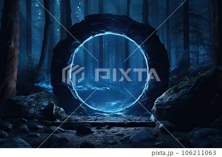 Abstract portal stone gate with neon circle glowing light in the dark wood forest space landscape of cosmic, rocky mountain stone field, spectrum light effect, with Generative Ai. 106211063