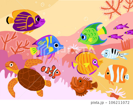 Children illustration of the underwater world with cute colorful fish characters, coral reefs, seaweed, sea star. Under the sea scene, picture book illustration in hand drawn style. Vector 106211072