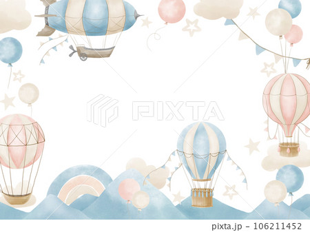 Template for Frame with hot air Balloons, clouds and rainbow. Hand drawn watercolor illustration with pastel aircrafts for greeting cards or baby shower invitations on white isolated background. 106211452