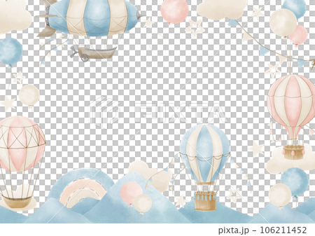 Template for Frame with hot air Balloons, clouds and rainbow. Hand drawn watercolor illustration with pastel aircrafts for greeting cards or baby shower invitations on white isolated background. 106211452