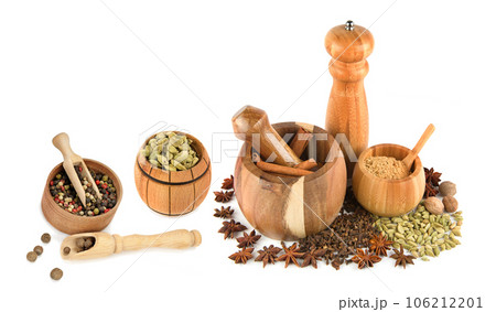 Mortar with pestle, hand mill and spices set isolated on white. Collage. Wide photo. Free space for text. Mortar with pestle, hand mill and spices set isolated on white. Collage. Wide photo. Free space for text. 106212201