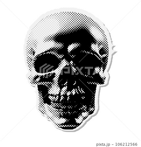 Skull - Halloween halftone mixed media collage paper sticker. Dotted Vintage illustration in 90s zine Paper piece style. 106212566