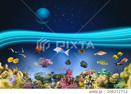 Nature seascape with underwater creatures and night starry sky over surface - coral reef and fishes 106212712