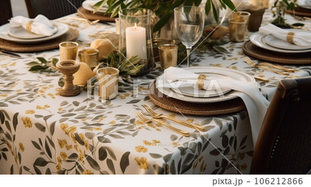 Botanical holiday tablescape, outdoor English country table setting, table scape with elegant tableware and dinnerware for wedding party and event, generative ai 106212866