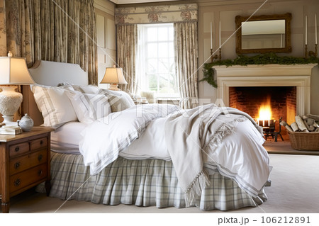 Bedroom decor, interior design and holiday rental, classic bed with elegant plush bedding and furniture, English country house and cottage style Bedroom decor, interior design and holiday rental, classic bed with elegant plush bedding and furniture, English country house and cottage style 106212891