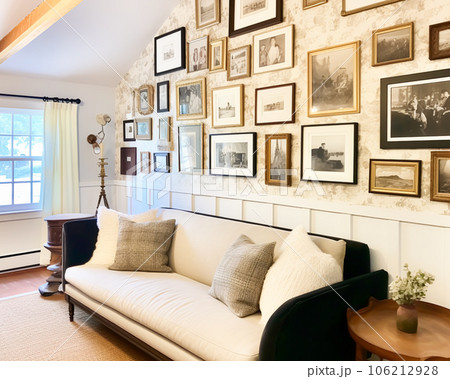 Living room gallery wall, home decor and wall art, framed art in the English country cottage interior, room for diy printable artwork mockup and print shop 106212928