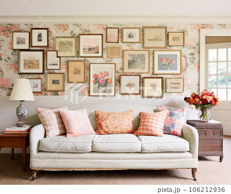 Living room gallery wall, home decor and wall art, framed art in the English country cottage interior, room for diy printable artwork mockup and print shop 106212936