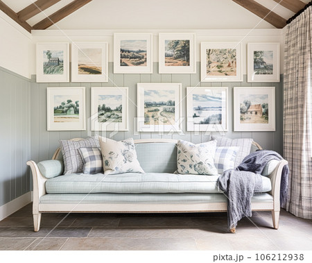Living room gallery wall, home decor and wall art, framed art in the English country cottage interior, room for diy printable artwork mockup and print shop 106212938