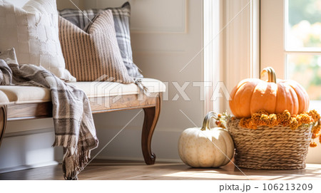 Autumnal hallway decor, interior design and house decoration, welcoming autumn entryway furniture, stairway and entrance hall home decor in an English country house and cottage style 106213209