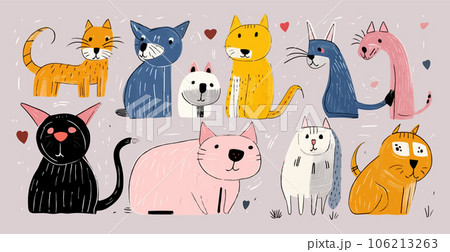 Many different funny cats in a childrens drawing. Group of cute pets in a simple painting made by a child Many different funny cats in a childrens drawing. Group of cute pets in a simple painting made by a child 106213263