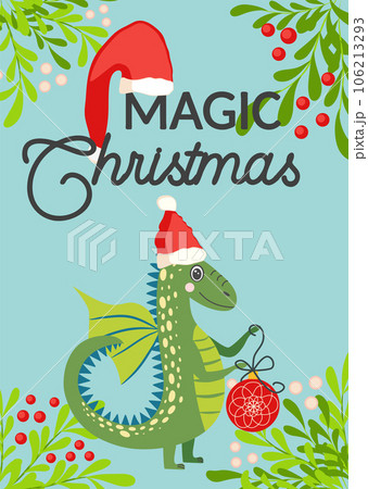 Christmas card with cute green dragon. Year of the Dragon 2024, China 106213293
