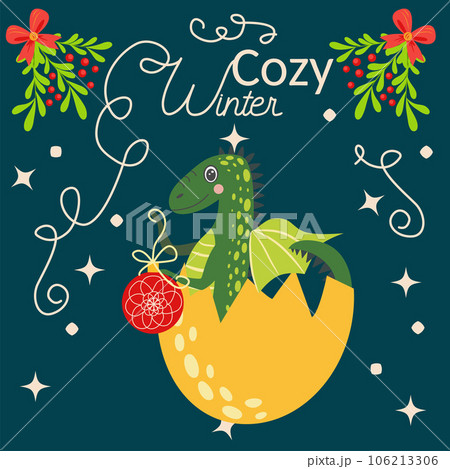 Christmas card with cute green dragon. Year of the Dragon 2024, China 106213306