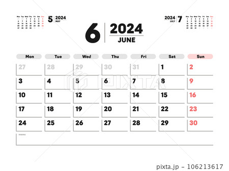 2024年6月のカレンダー - 月曜始まりの月めくりカレンダー - 3ヶ月分･祝日表記なし･A版比率 106213617
