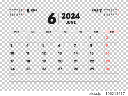 2024年6月のカレンダー - 月曜始まりの月めくりカレンダー - 3ヶ月分･祝日表記なし･A版比率 106213617