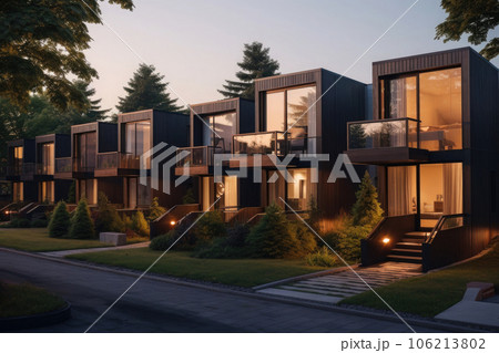 Modern townhouses in suburban at night. Generative AI 106213802