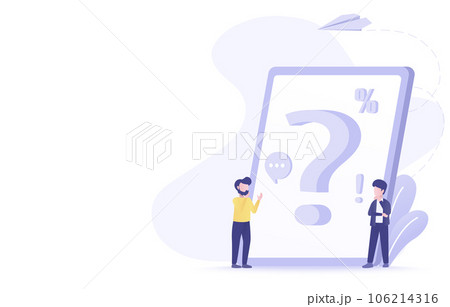 FAQ Frequently asked questions concept. Question mark, exclamation point on digital device. Confused people standing near exclamation and question mark. Flat vector illustration with copy space. FAQ Frequently asked questions concept. Question mark, exclamation point on digital device. Confused people standing near exclamation and question mark. Flat vector illustration with copy space. 106214316