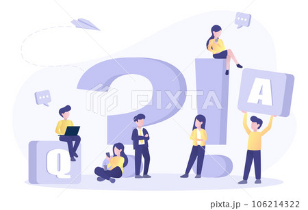 Business people character talking, question mark, exclamation point and QA. Frequently asked questions (FAQ). Ask questions and receive answers. Flat vector design illustration. 106214322