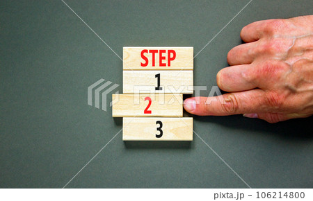 Time to step 2 symbol. Concept word Step 1 2 3 on wooden block. Businessman hand. Beautiful grey table grey background. Business planning and time to step 2 concept. Copy space. Time to step 2 symbol. Concept word Step 1 2 3 on wooden block. Businessman hand. Beautiful grey table grey background. Business planning and time to step 2 concept. Copy space. 106214800