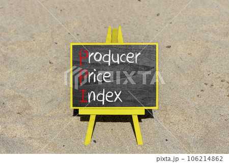 PPI Producer price index symbol. Concept words PPI Producer price index on beautiful black chalk blackboard. Beautiful sand beach background. Business and PPI Producer price index concept. Copy space 106214862