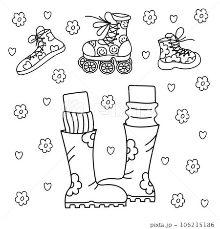 Cute retro set with rubber boots, sneakers and roller skates. Doodle vector black and white illustration. 106215186