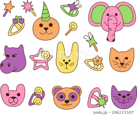 Girly 90s set. Cute and groovy girly set with hairpins and animal faces. Cartoon doodle vector illustration. 106215307