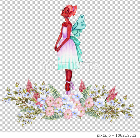 Composition of dancing ballerina with flowers. Hand drawn classic ballet performance, pose. Young pretty ballerina women illustration. Can be used for postcard and posters. 106215312