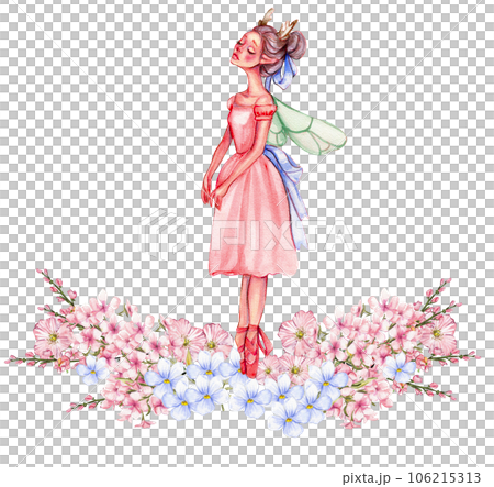 Composition of dancing ballerina with flowers. Hand drawn classic ballet performance, pose. Young pretty ballerina women illustration. Can be used for postcard and posters. Composition of dancing ballerina with flowers. Hand drawn classic ballet performance, pose. Young pretty ballerina women illustration. Can be used for postcard and posters. 106215313