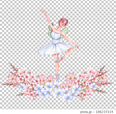 Composition of dancing ballerina with flowers. Hand drawn classic ballet performance, pose. Young pretty ballerina women illustration. Can be used for postcard and posters. 106215314