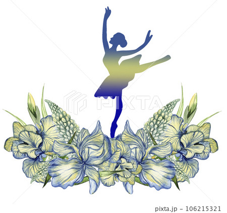 Composition of dancing ballerina with flowers. Hand drawn classic ballet performance, pose. Young pretty ballerina women illustration. Can be used for postcard and posters. Composition of dancing ballerina with flowers. Hand drawn classic ballet performance, pose. Young pretty ballerina women illustration. Can be used for postcard and posters. 106215321