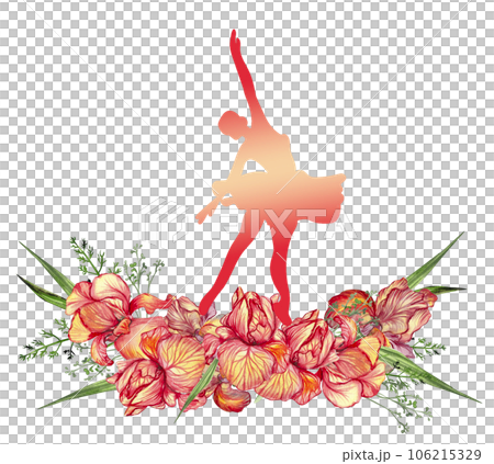 Composition of dancing ballerina with flowers. Hand drawn classic ballet performance, pose. Young pretty ballerina women illustration. Can be used for postcard and posters. 106215329