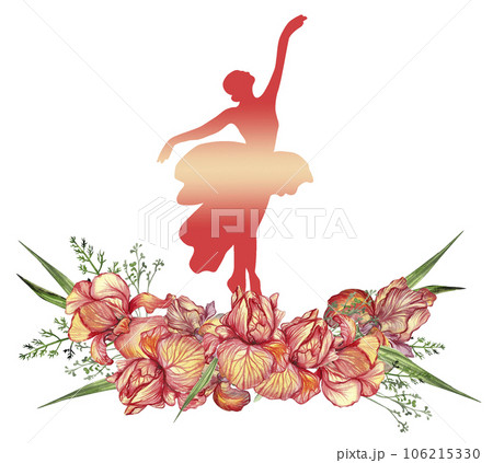 Composition of dancing ballerina with flowers. Hand drawn classic ballet performance, pose. Young pretty ballerina women illustration. Can be used for postcard and posters. 106215330