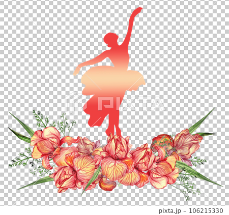 Composition of dancing ballerina with flowers. Hand drawn classic ballet performance, pose. Young pretty ballerina women illustration. Can be used for postcard and posters. Composition of dancing ballerina with flowers. Hand drawn classic ballet performance, pose. Young pretty ballerina women illustration. Can be used for postcard and posters. 106215330