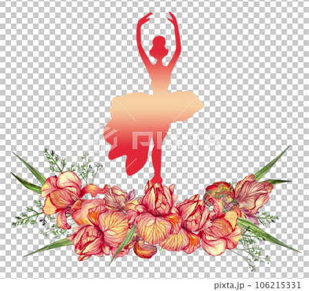 Composition of dancing ballerina with flowers. Hand drawn classic ballet performance, pose. Young pretty ballerina women illustration. Can be used for postcard and posters. Composition of dancing ballerina with flowers. Hand drawn classic ballet performance, pose. Young pretty ballerina women illustration. Can be used for postcard and posters. 106215331
