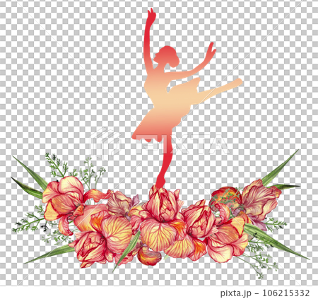 Composition of dancing ballerina with flowers. Hand drawn classic ballet performance, pose. Young pretty ballerina women illustration. Can be used for postcard and posters. Composition of dancing ballerina with flowers. Hand drawn classic ballet performance, pose. Young pretty ballerina women illustration. Can be used for postcard and posters. 106215332