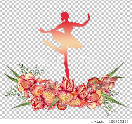 Composition of dancing ballerina with flowers. Hand drawn classic ballet performance, pose. Young pretty ballerina women illustration. Can be used for postcard and posters. 106215335