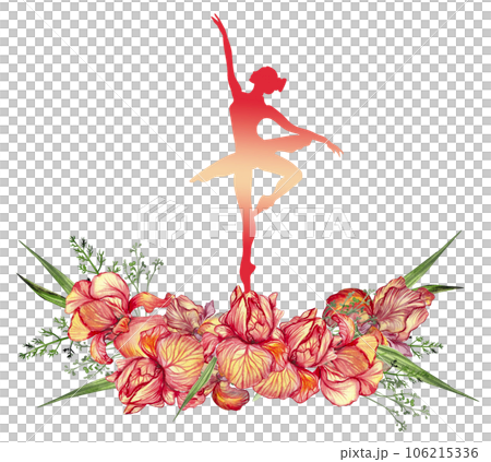 Composition of dancing ballerina with flowers. Hand drawn classic ballet performance, pose. Young pretty ballerina women illustration. Can be used for postcard and posters. 106215336