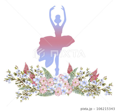 Composition of dancing ballerina with flowers. Hand drawn classic ballet performance, pose. Young pretty ballerina women illustration. Can be used for postcard and posters. 106215343