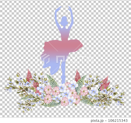 Composition of dancing ballerina with flowers. Hand drawn classic ballet performance, pose. Young pretty ballerina women illustration. Can be used for postcard and posters. 106215343