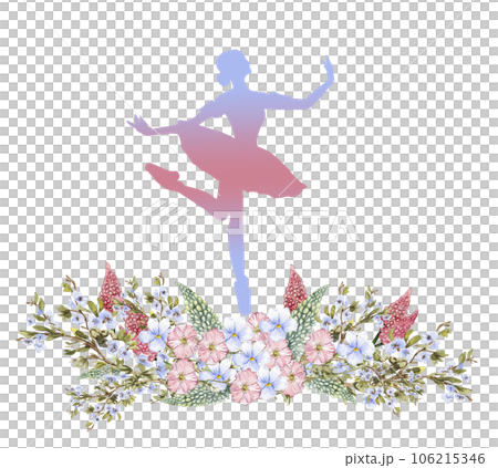 Composition of dancing ballerina with flowers. Hand drawn classic ballet performance, pose. Young pretty ballerina women illustration. Can be used for postcard and posters. 106215346