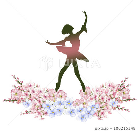Composition of dancing ballerina with flowers. Hand drawn classic ballet performance, pose. Young pretty ballerina women illustration. Can be used for postcard and posters. Composition of dancing ballerina with flowers. Hand drawn classic ballet performance, pose. Young pretty ballerina women illustration. Can be used for postcard and posters. 106215349