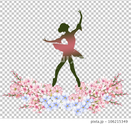 Composition of dancing ballerina with flowers. Hand drawn classic ballet performance, pose. Young pretty ballerina women illustration. Can be used for postcard and posters. Composition of dancing ballerina with flowers. Hand drawn classic ballet performance, pose. Young pretty ballerina women illustration. Can be used for postcard and posters. 106215349