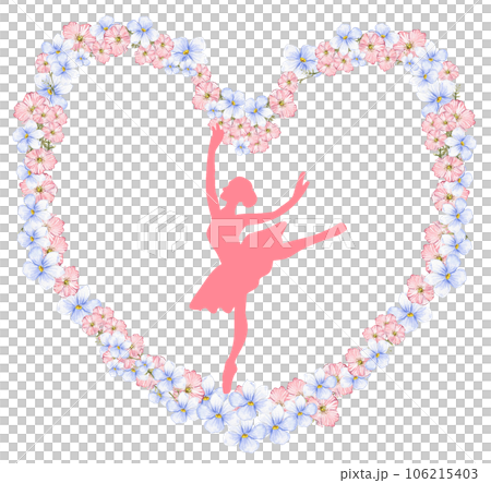 Composition of dancing ballerina in flower heart. Hand drawn classic ballet performance, pose. Young pretty ballerina women illustration. Can be used for postcard and posters. Composition of dancing ballerina in flower heart. Hand drawn classic ballet performance, pose. Young pretty ballerina women illustration. Can be used for postcard and posters. 106215403