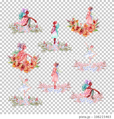 Composition of dancing ballerina with flowers. Hand drawn classic ballet performance, pose. Young pretty ballerina women illustration. Can be used for postcard and posters. 106215463