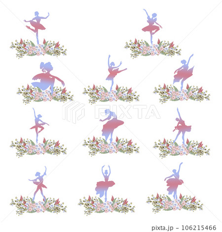 Composition of dancing ballerina with flowers. Hand drawn classic ballet performance, pose. Young pretty ballerina women illustration. Can be used for postcard and posters. 106215466