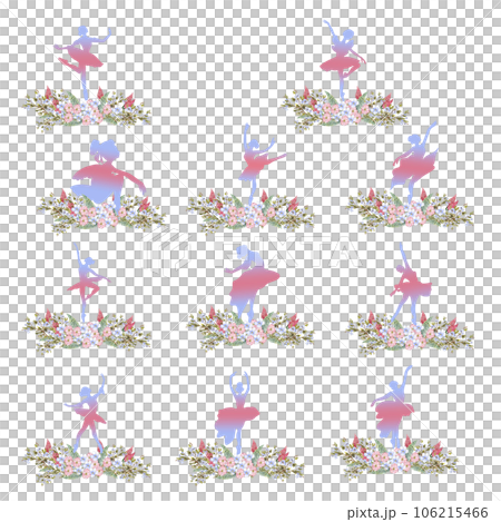 Composition of dancing ballerina with flowers. Hand drawn classic ballet performance, pose. Young pretty ballerina women illustration. Can be used for postcard and posters. 106215466
