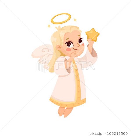 Cute Girl Angel with Wings and Nimbus Hold Star Vector Illustration 106215500
